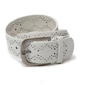 Faux Leather Perforated Die Cut Belt White Silver Buckle Retro Y2K